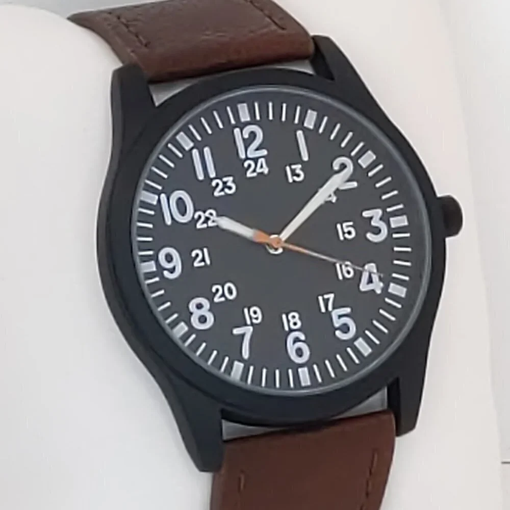 Men's Quartz Field Watch Black Case Brown Leather Strap 42mm